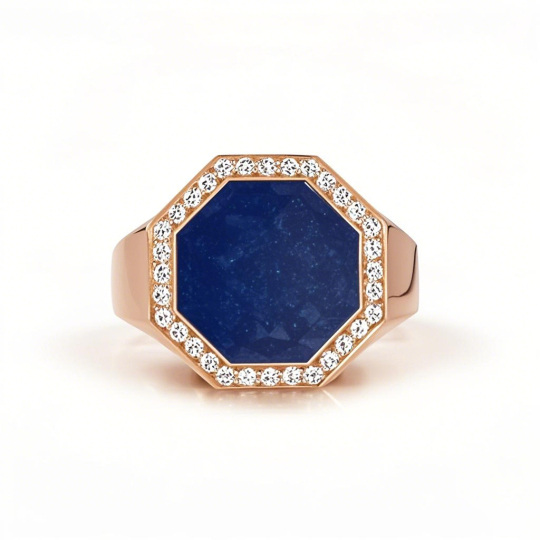 Bague classique personnalisée avec prénom pour homme, en or rose 10 carats, zircon cubique et lapis-lazuli 3 carats.