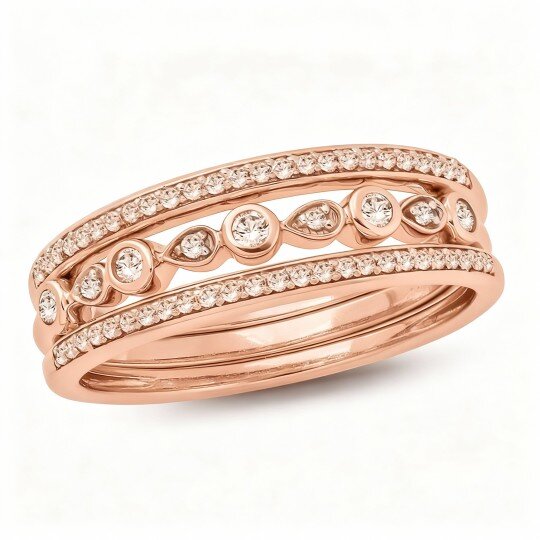 Bague empilable personnalisée en or rose 10 carats, diamant rond de 0,25 carat, couleur J, pureté I2, taille 3EX