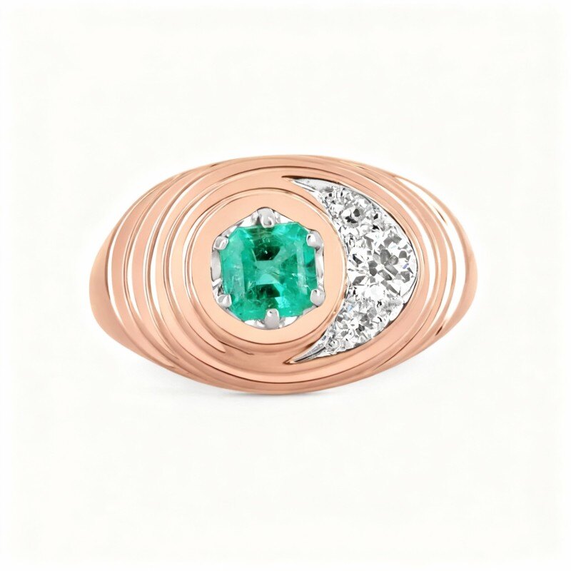 Pierścionek zaręczynowy z 14-karatowego różowego złota z diamentami w szlifie Asscher o masie 1,5 ct i szmaragdem, kolor H-I, czystość VS-SI 3EX-1