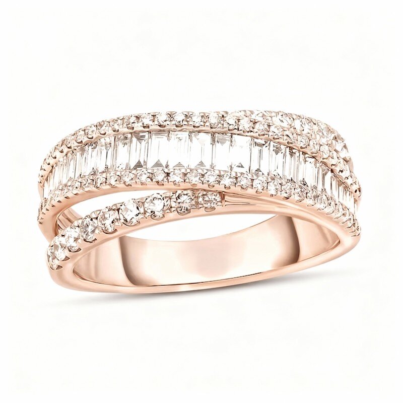 10K Rose Gold 1-1/5 CT Round Cut & Baguette Cut Diamond Custom Stackable Ring I Color I2 Clarity 3EX-1