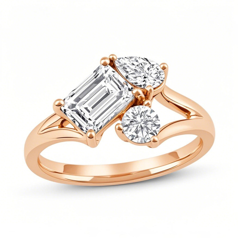 10K Rose Gold 1.5 to 9 CT.T.W Emerald & Pear Cut & Round Cut Cut Lab Created Diamond Three Stone Engagement Ring-1