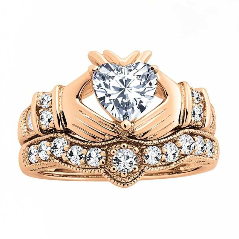 10K Rose Gold 1.5 to 5 CT Heart Moissanite Claddagh Bridal Set-1