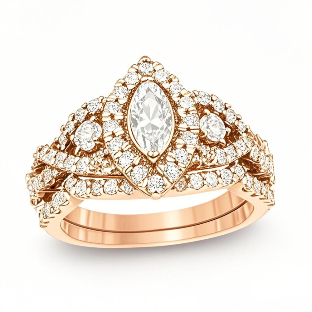 10 Karat Roségold, 1,5 bis 4 Karat, Marquise-Diamantrahmen, Twist-Brautset, Verlobungsring, D VVS1-VS1-1