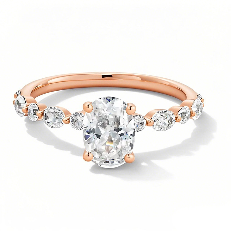 Anillo de compromiso de oro rosa de 18 quilates con diamantes ovalados de 1,5 a 4 quilates de peso total, creados en laboratorio, con cuerpo alternado, certificado D-VVS1 IGI-1