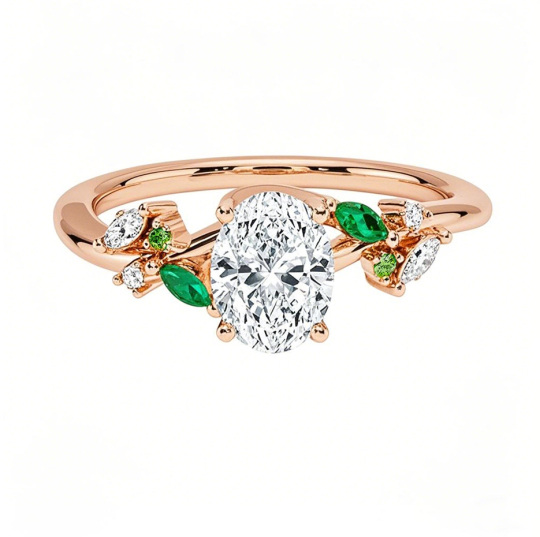 Bague de fiançailles Arden sur mesure en or rose 10 carats, sertie d'un diamant ovale de laboratoire de 0,5 à 3 carats et d'une émeraude de 0,1 carat. Certification IGI.