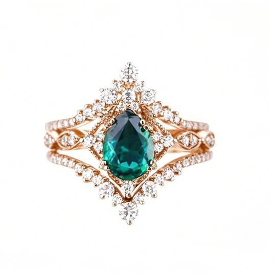 Anel de Noivado/Aniversário em Ouro Rosa 10K com Esmeralda Sintética em Corte Pera de 2,5 a 7,5 Quilates (CT).