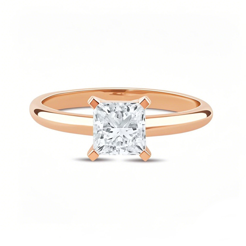 Bague de fiançailles sur mesure en or rose 10 carats, sertie d'un diamant de laboratoire taille princesse (0,5 à 3 carats au total), de pureté VVS1-VS1 et certifiée 3EX IGI.-1