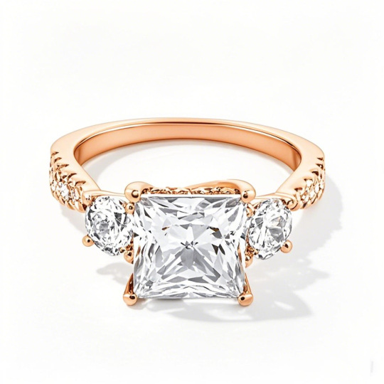 10 Karat Roségold, 1,5 bis 4 Karat, TW, Prinzessschliff, künstlicher Diamant, drei Steine, Verlobungsring, D-VVS1, IGI-zertifiziert