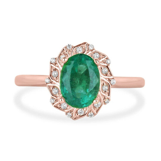 Aliança de noivado em ouro rosa 10K, 1,6 ct.T.W., corte oval, esmeralda natural, diamante, inspiração floral, halo, cor H, vs. pureza