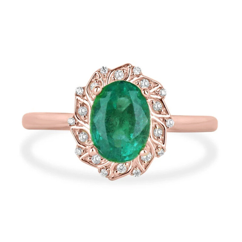 Aliança de noivado em ouro rosa 14K, 1,6 ct.T.W., corte oval, esmeralda natural, diamante, inspiração floral, halo, cor H, vs. pureza-1
