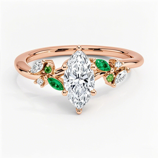 10K Rose Gold 0.75 to 3.25 CT.T.W. Marquise Cut Lab Created Diamond & Emerald Engagement Band IGI Certified