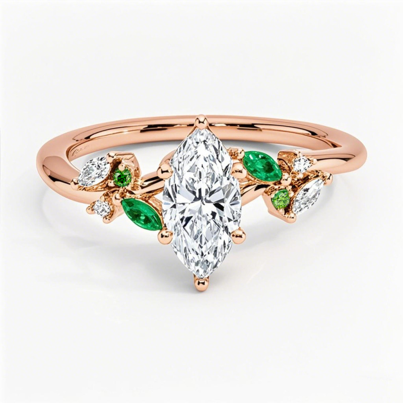 Verlobungsring aus 10-karätigem Roségold mit 0,75 bis 3,25 Karat Gesamtgewicht, im Labor hergestelltem Diamanten im Marquise-Schliff und Smaragd, IGI-zertifiziert-1