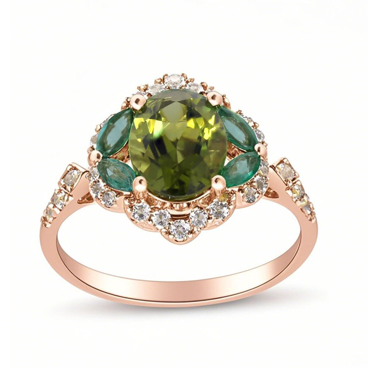 10K Rose Gold 2.8 CT.T.W. Oval Cut Olivine & Emerald & Topaz Custom Band-1