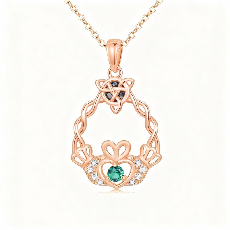 Collier pendentif en or rose 14 carats, nacre d'ormeau et zircon cubique, motif nœud celtique et Claddagh-1