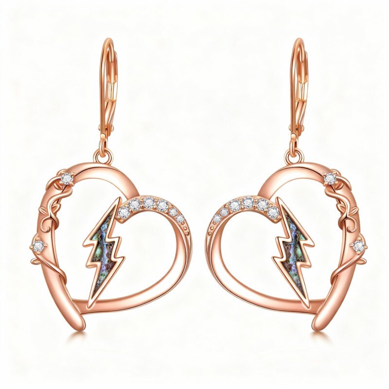 Pendientes colgantes de oro rosa de 18 quilates con forma de concha de abulón, corazón y rayo de circonita cúbica.-1