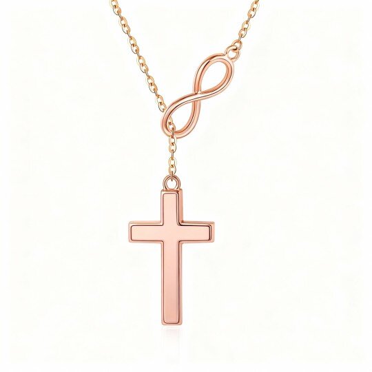 Colar com pendente de cruz e símbolo do infinito em ágata e ouro rosa 10K