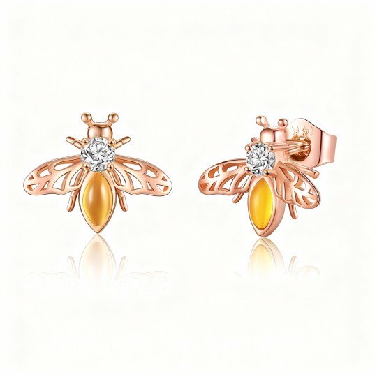 Pendientes de botón de abeja en oro rosa de 10 quilates con circonitas cúbicas y ámbar