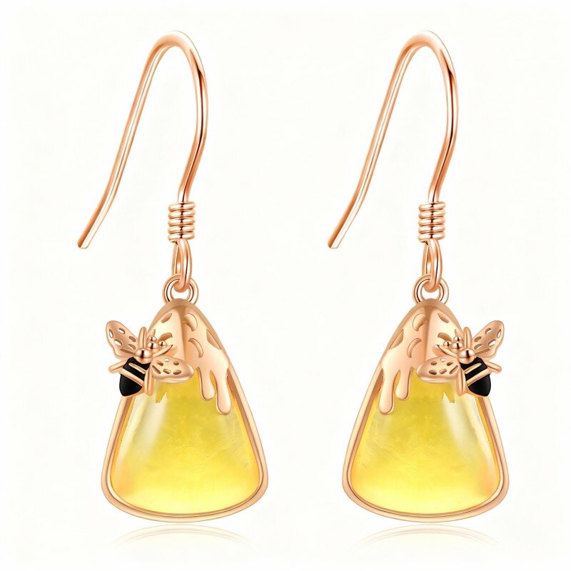 أقراط متدلية من الذهب الوردي عيار 18 قيراطًا على شكل نحلة كهرمان ومثلث-1