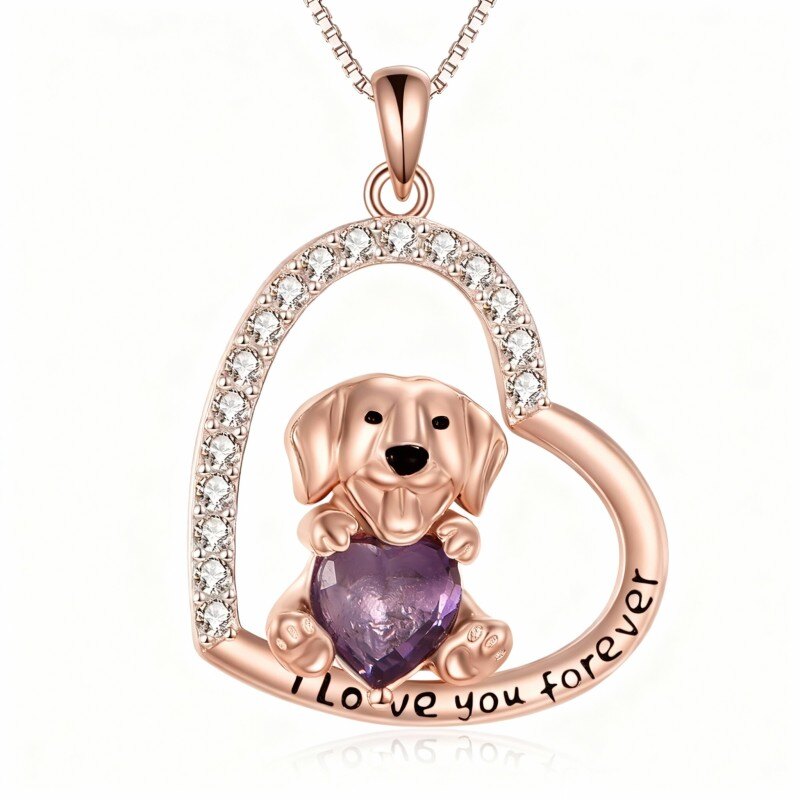 Collar con colgante de perro y corazón de amatista en oro rosa de 10 quilates-1