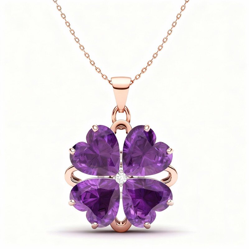 Colar com pendente trevo de quatro folhas, mãe, filha e irmãs em ouro rosa 10K com ametista e moissanita-1