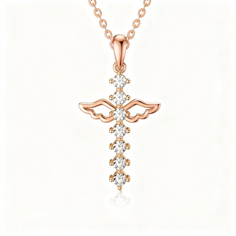 10K Rose Gold Cubic Zirconia Angel Wing & Cross Pendant Necklace-1