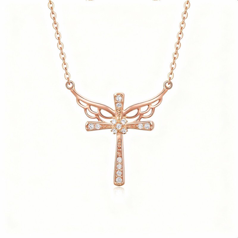 10K Rose Gold Cubic Zirconia Angel Wing & Cross Pendant Necklace-1