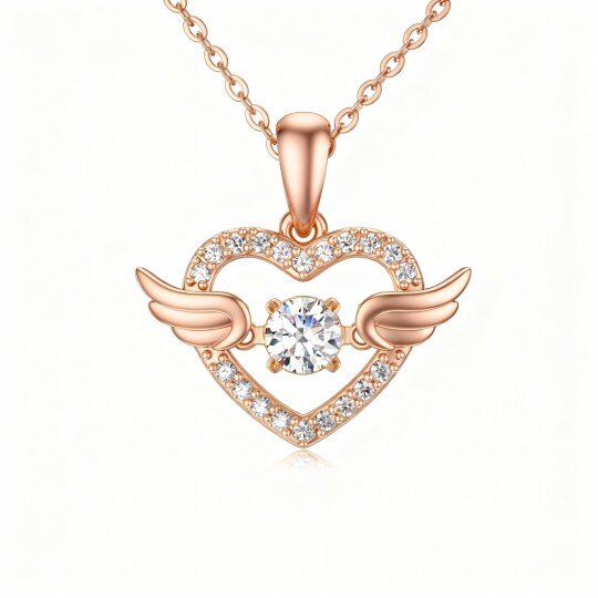 10Kローズゴールド キュービックジルコニア エンジェルウィング＆ハートペンダントネックレス