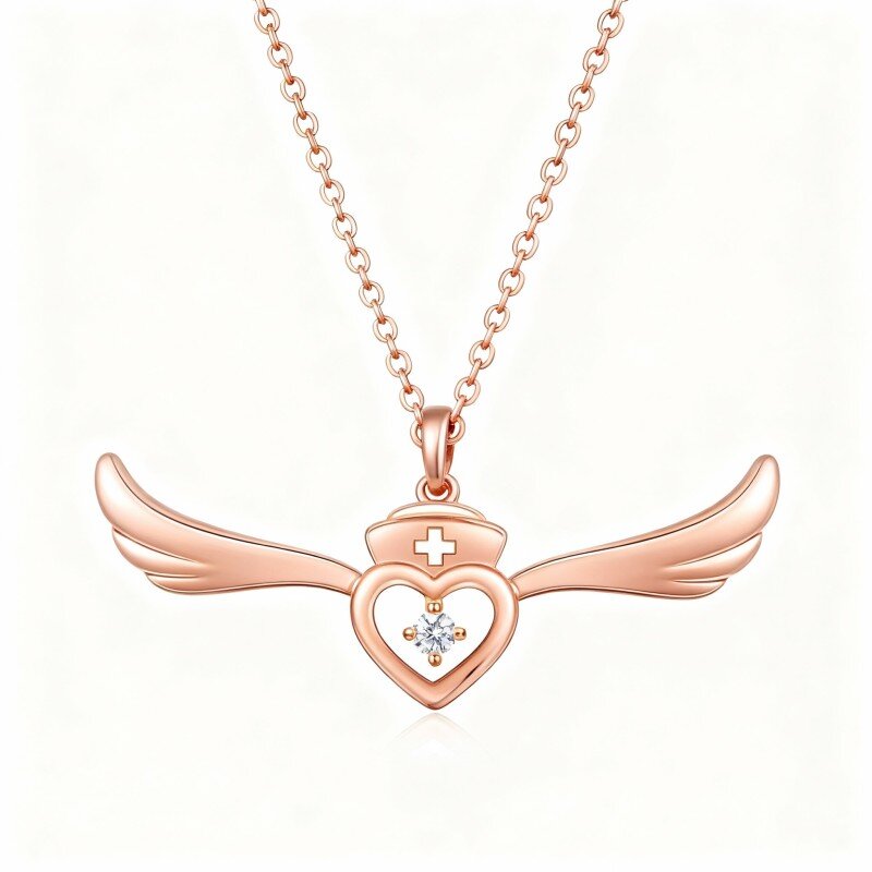 18K Rose Gold Cubic Zirconia Angel Wing & Heart Pendant Necklace-1
