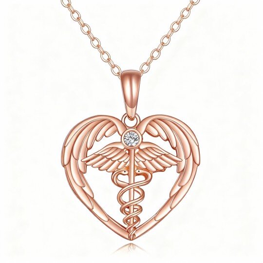 Halskette aus 10-karätigem Roségold mit Zirkonia-Engelsflügel- und Herzanhänger