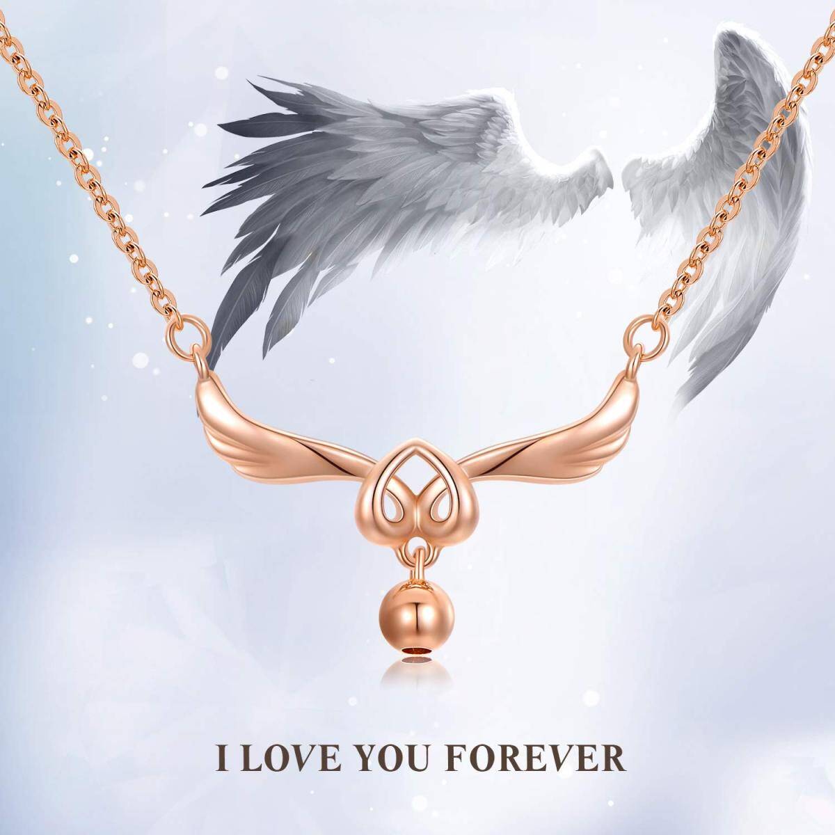 10K Rose Gold Angel Wing & Heart Pendant Necklace-3