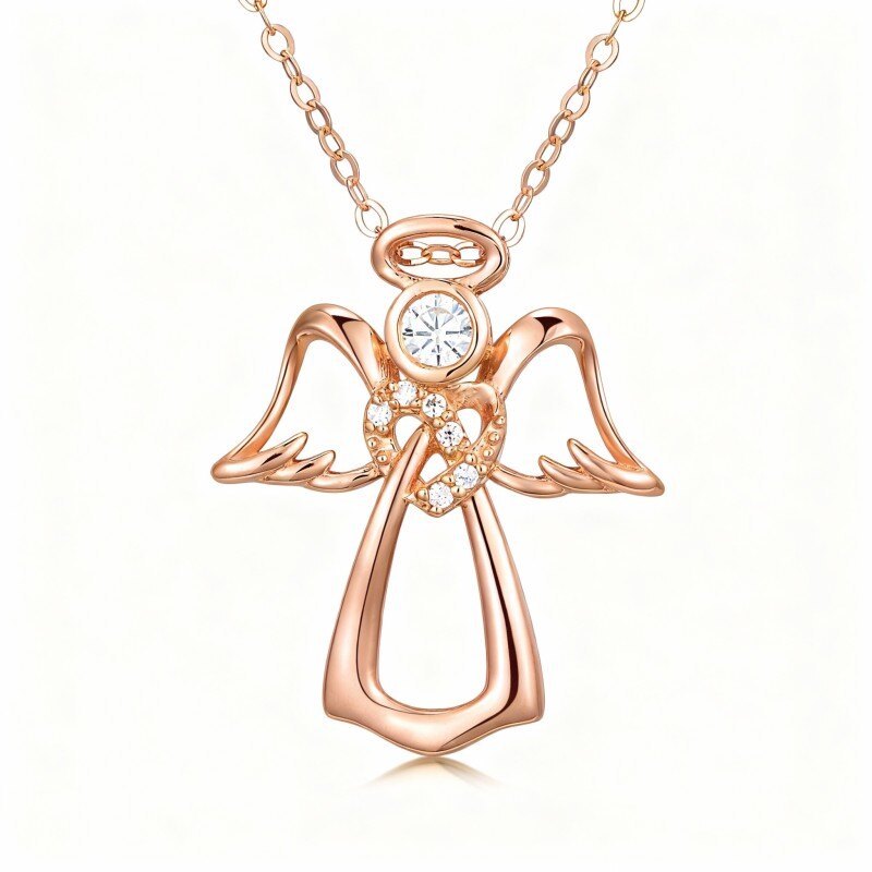 Collar con colgante de ala de ángel de oro rosa de 14 quilates y circonitas cúbicas-1