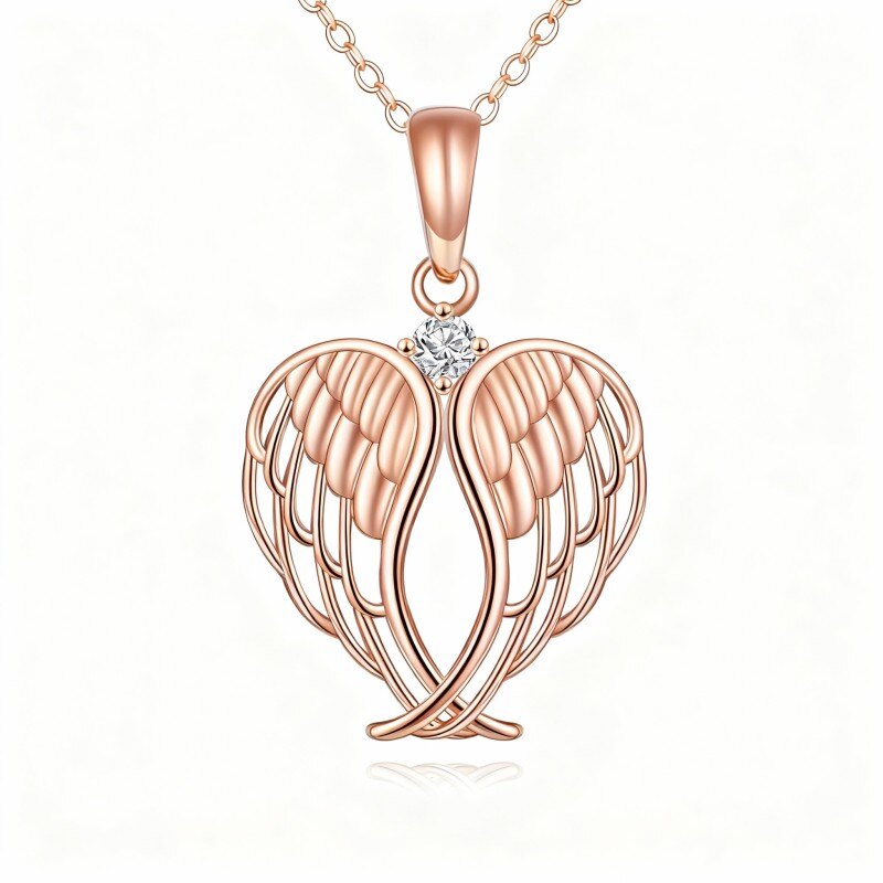 Colar com pendente de asa de anjo em ouro rosa 10K com zircónias cúbicas-1
