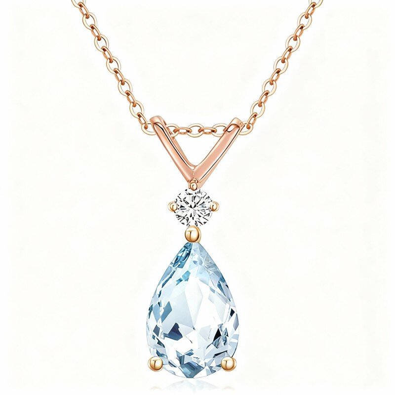 10K Rose Gold Aquamarine Drop Shape Pendant Necklace-1
