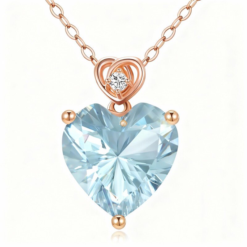 14K Rose Gold Aquamarine & Moissanite Rose & Heart Pendant Necklace-1