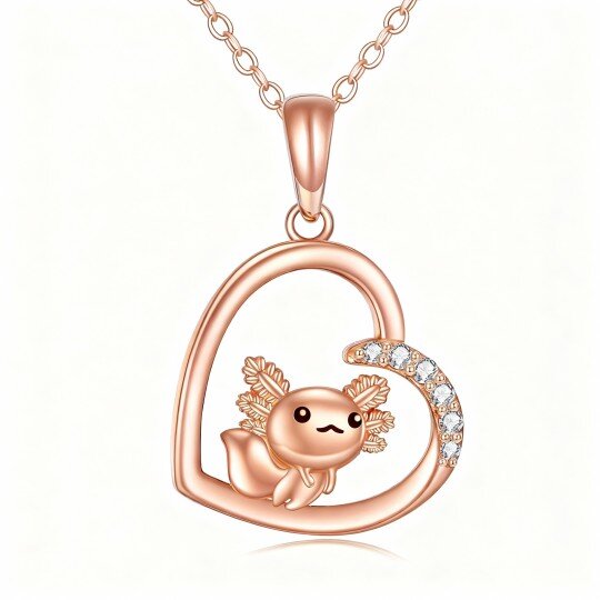 10K Rose Gold Cubic Zirconia Axolotl & Heart Pendant Necklace