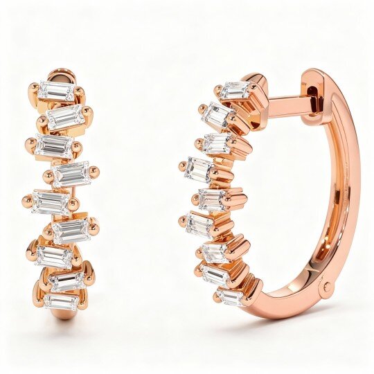 10K Rose Gold Baguette Cut Laboratory Diamonds Circle Hoop Earrings
