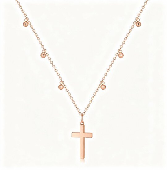 Colar com pendente de cruz e contas em ouro rosa 10K