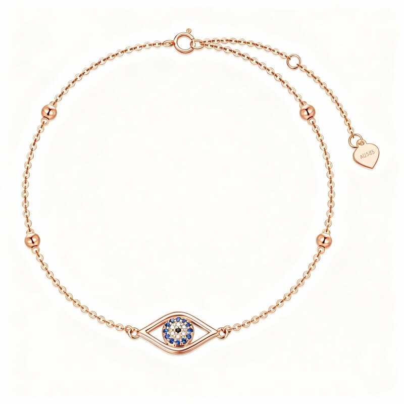 Bransoletka z koralików z cyrkonii sześciennej i zawieszką złego oka z 14-karatowego różowego złota-1