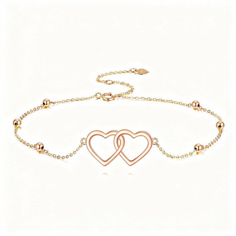 Pulsera de oro rosa de 14 quilates con cuentas y corazón con dije de corazón-1