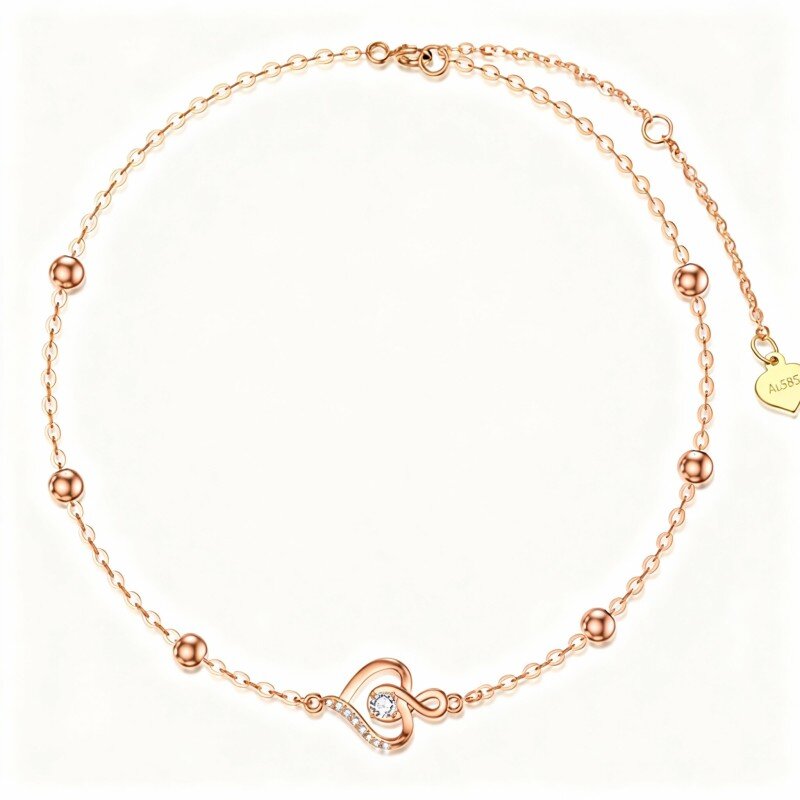 Bracciale con perline in zirconia cubica in oro rosa 10 carati, ciondolo a forma di cuore e simbolo dell'infinito-1