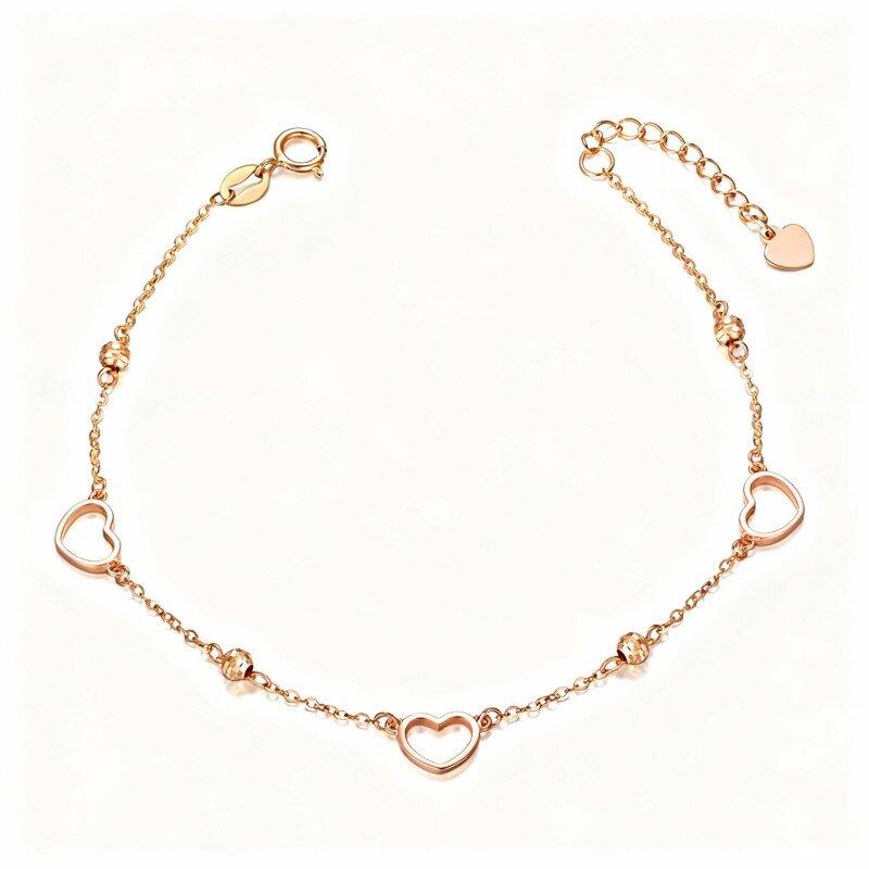 Pulsera de cuentas de oro rosa de 14 quilates y cuentas metálicas en forma de corazón-1