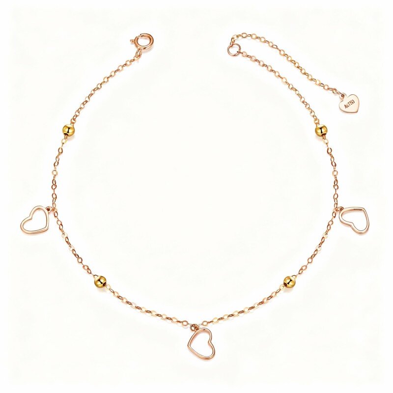Tornozeleira de camada única com pendente de coração e contas em ouro rosa 14K-1