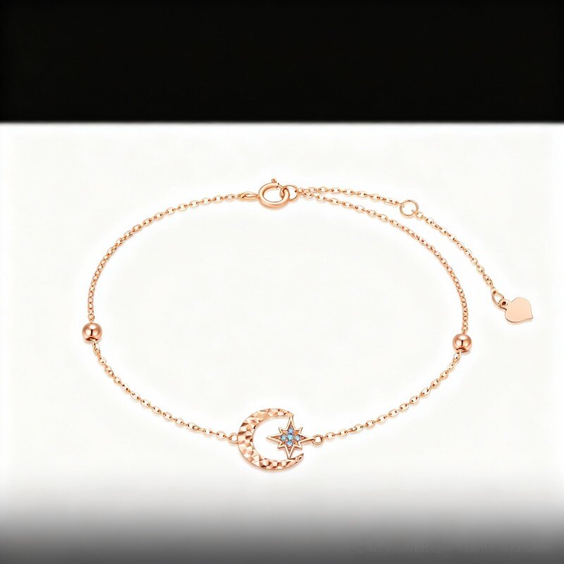 Pulsera de oro rosa de 18 quilates con cuentas de circonita cúbica y dije de luna y estrella-1