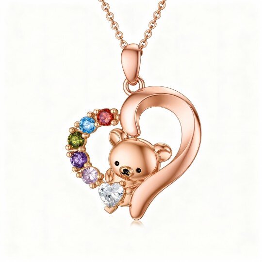 Colar com pendente de urso e coração em ouro rosa 10K com zircónias cúbicas