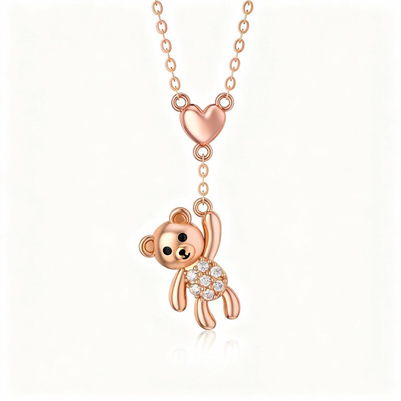 Colar com pendente de urso e coração em ouro rosa 18K com zircónias cúbicas-1