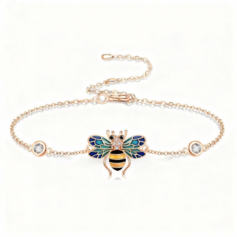 Pulsera con dije de abeja de oro rosa de 14 quilates y circonitas cúbicas-1