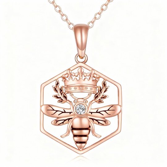 Colar com pendente de abelha e coroa em ouro rosa 10K com zircónias cúbicas