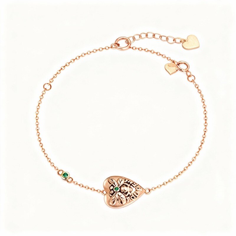 Pulsera con dije de abeja y corazón de oro rosa de 14 quilates y circonitas cúbicas-1