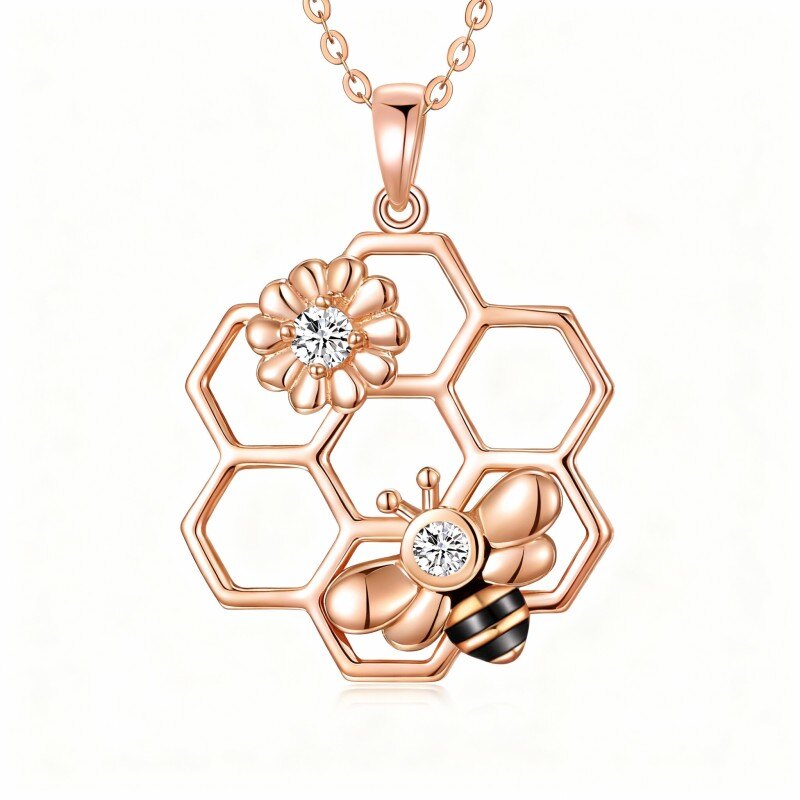 14K Rose Gold Cubic Zirconia Bee & Sunflower Pendant Necklace-1