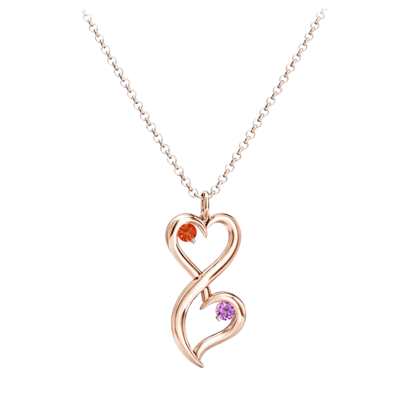 Collar con colgante personalizado de oro rosa de 10 quilates con piedra natal, corazón y símbolo del infinito.-1